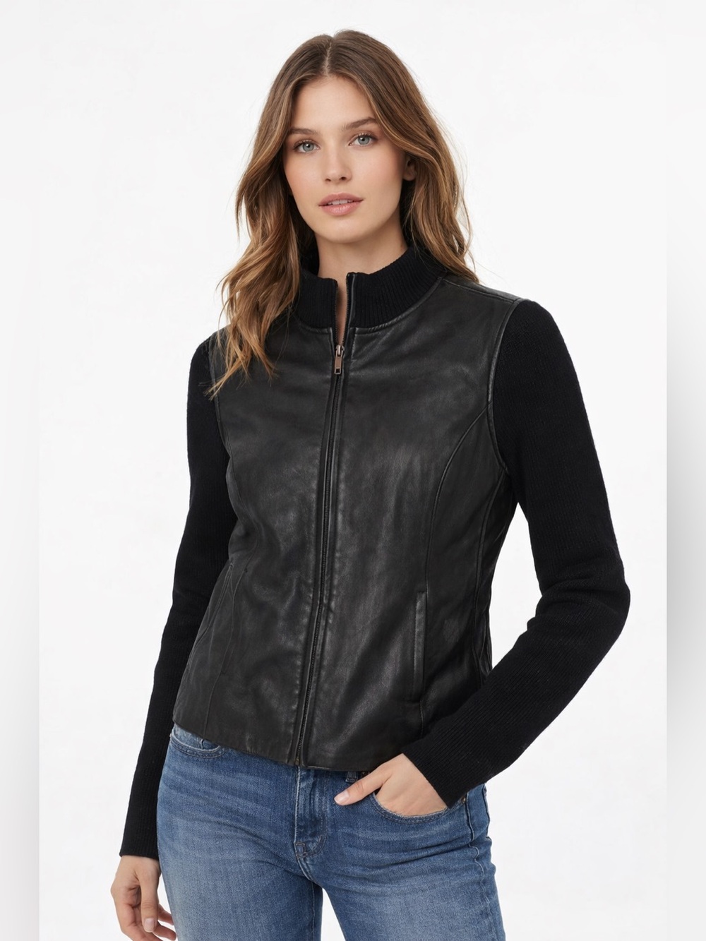 Jacklyn Smith Women’s Mixed Media Lesther Jacket in Classic Black Sz L